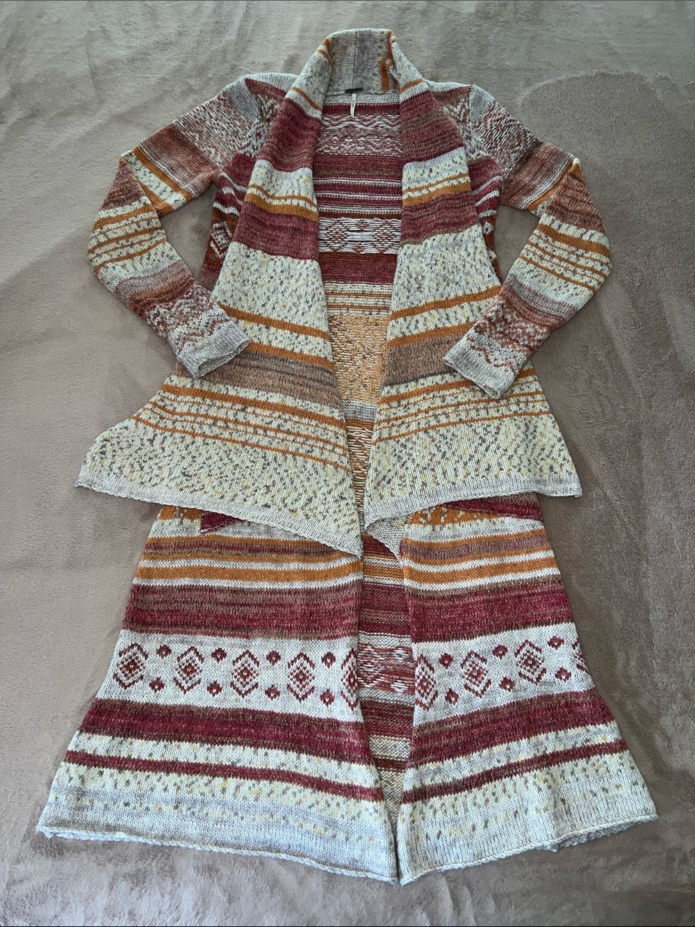 Free People Striped Open Maxi Cardigan Duster in Cream, Rust, Orange Wool Blend - Picture 2 of 12